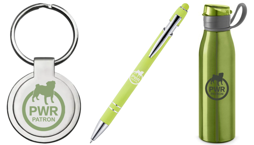 A selection of PWR Branded Gifts available to donators