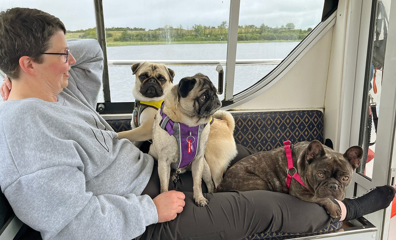 PWR Area Coordinator Cara on a boat with her pugs