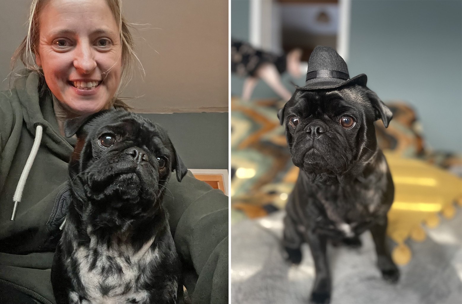 Faye posing with her pug JJ