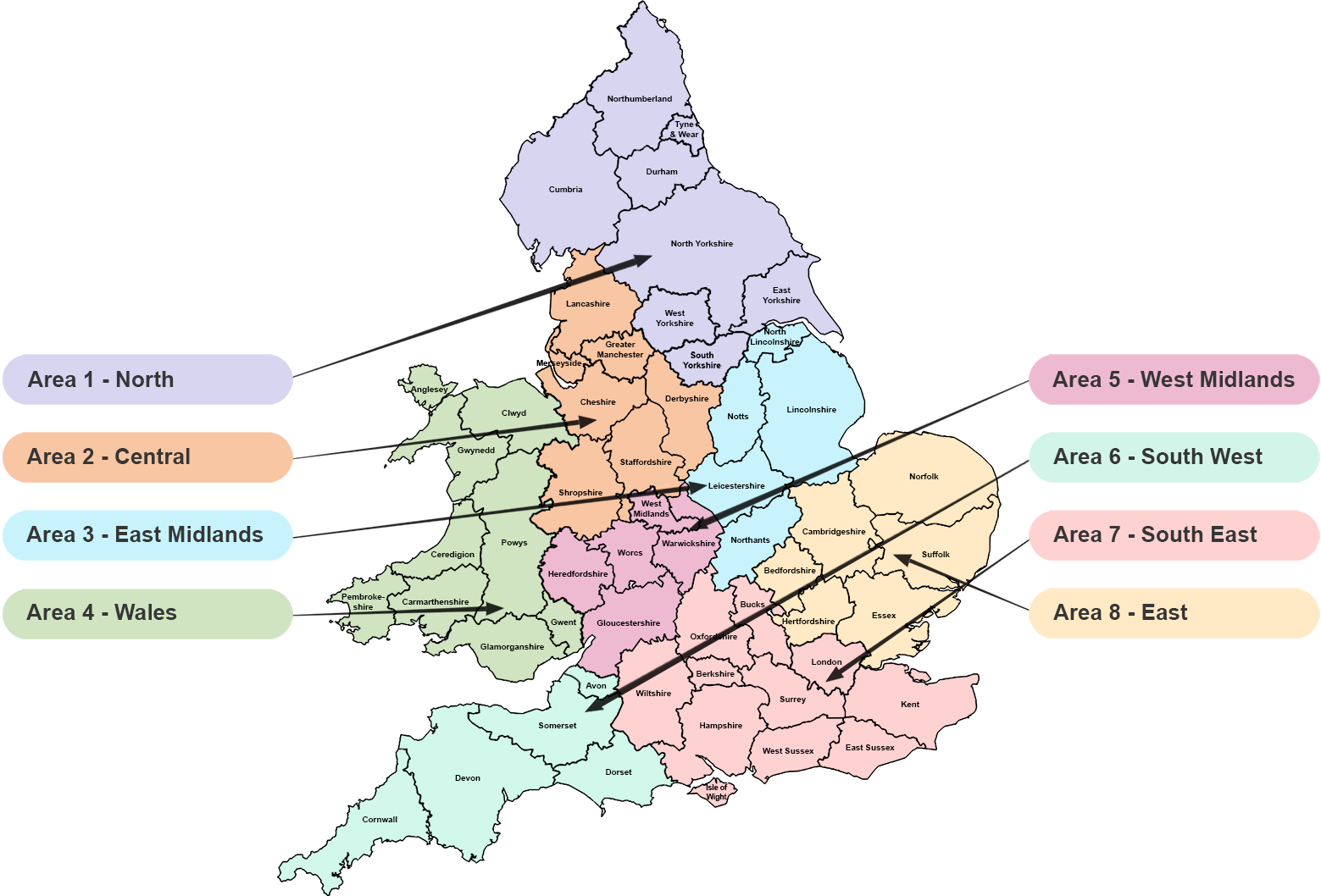 Map of England and Wales showing the 8 PWR rescue regions