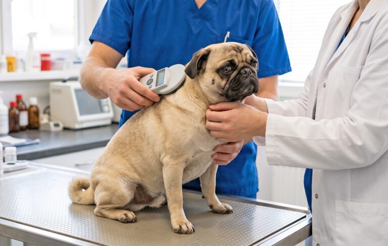 A pug having its microchip checked at a vet practice