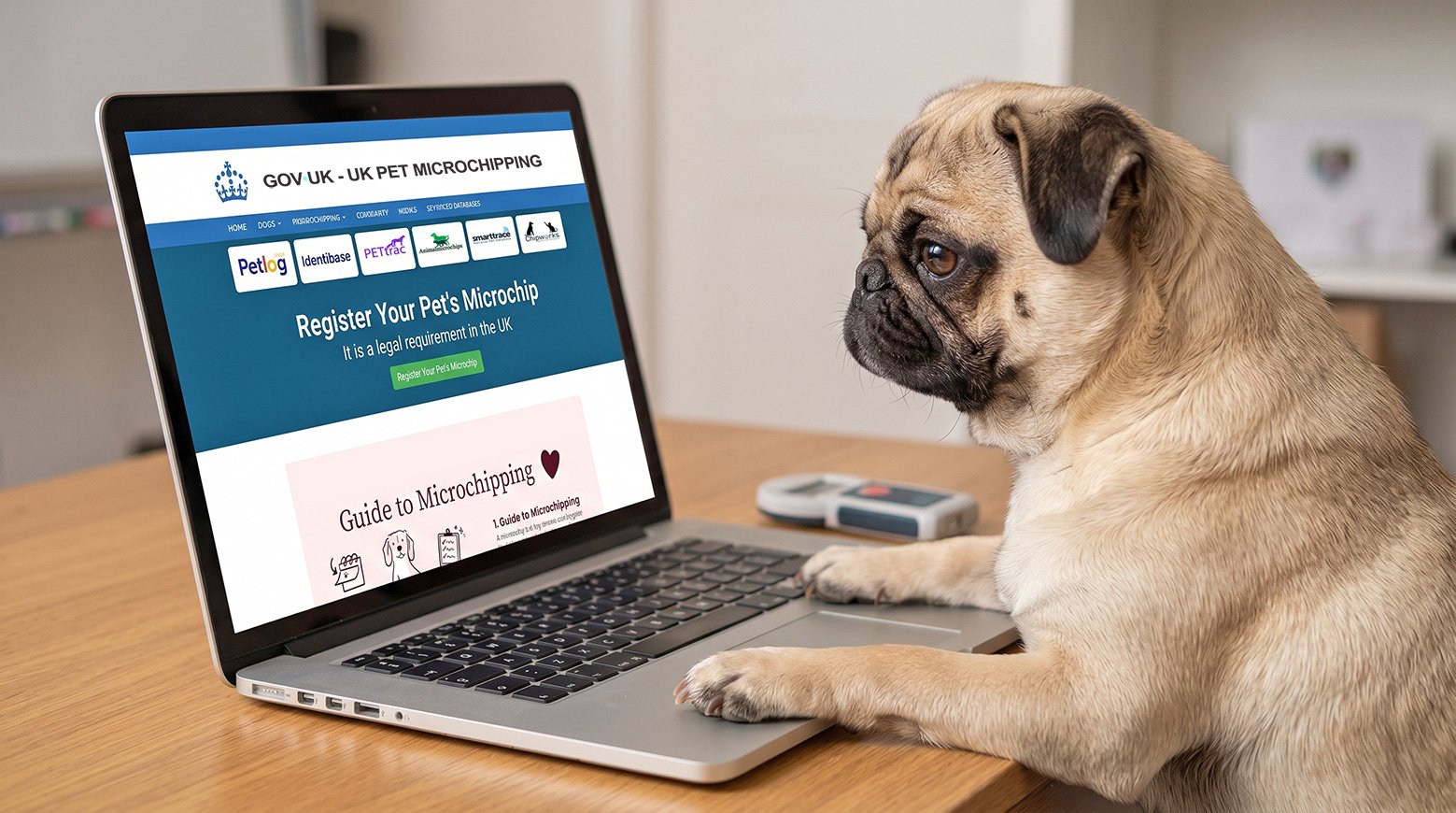 A pug checking he government website to find out about microchipping laws